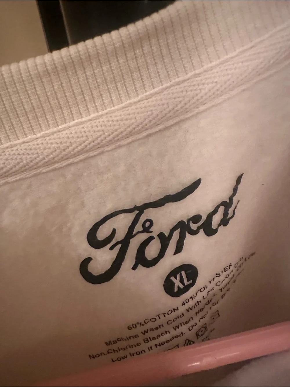 Ford White Sweatshirt with Pink Mustang Graphic and Two-Tone Pink Sleeves